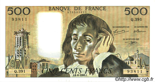 500 Francs PASCAL FRANKREICH  1992 F.71.50 ST