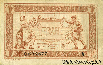 1 Franc TRÉSORERIE AUX ARMÉES 1917 FRANCE  1917 VF.03.01 XF-