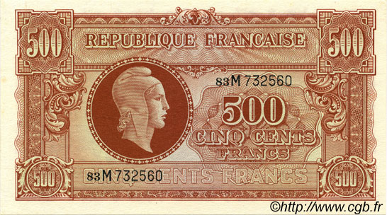 500 Francs MARIANNE fabrication anglaise FRANCE  1945 VF.11.02 pr.NEUF