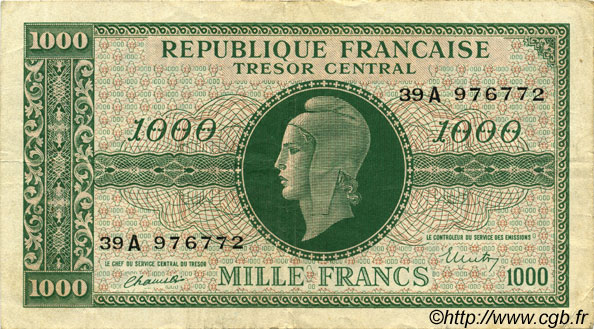 1000 Francs MARIANNE BANQUE D ANGLETERRE FRANKREICH  1945 VF.12.01 fVZ