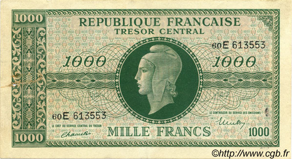 1000 Francs MARIANNE THOMAS DE LA RUE FRANCE  1945 VF.13.02 VF+