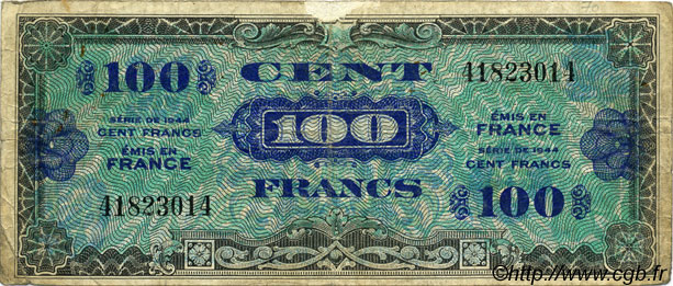 100 Francs DRAPEAU FRANKREICH  1944 VF.20.01 SGE