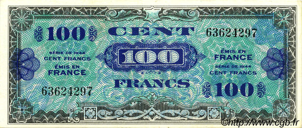 100 Francs DRAPEAU FRANCIA  1944 VF.20.01 AU+