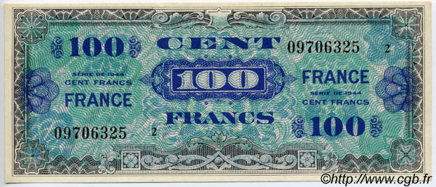 100 Francs FRANCE FRANKREICH  1944 VF.25.02 fST+