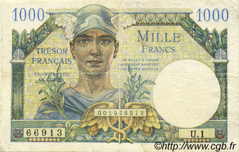 1000 Francs TRÉSOR FRANÇAIS FRANCIA  1947 VF.33.01 B