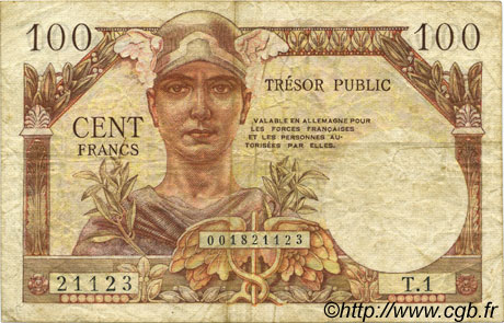 100 Francs TRÉSOR PUBLIC FRANCIA  1955 VF.34.01 MB
