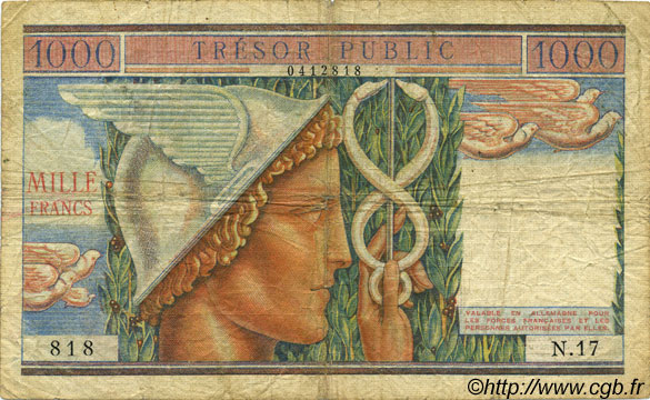 1000 Francs TRÉSOR PUBLIC FRANCIA  1955 VF.35.01 RC+