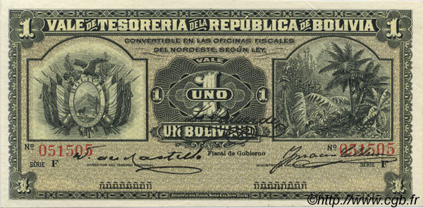 1 Boliviano BOLIVIA  1902 P.092 AU+