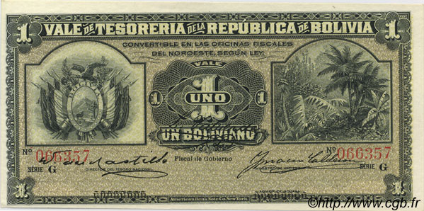 1 Boliviano BOLIVIA  1902 P.092 UNC-