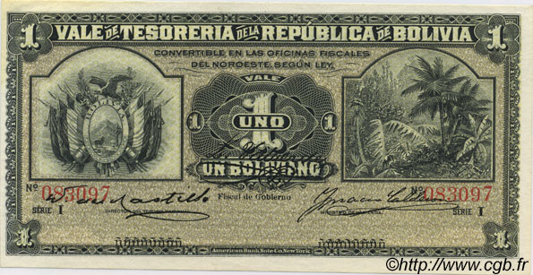 1 Boliviano BOLIVIEN  1902 P.092 fST+