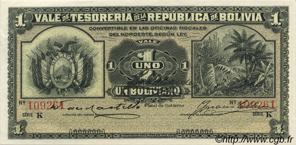 1 Boliviano BOLIVIA  1902 P.092 SC+