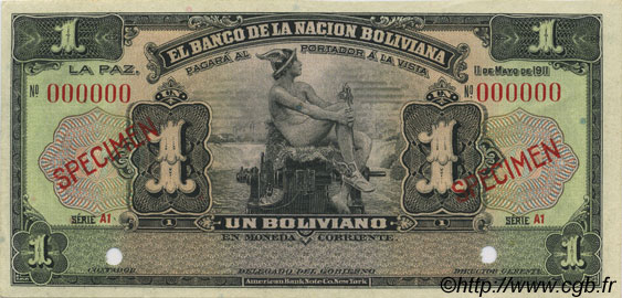 1 Boliviano Spécimen BOLIVIA  1911 P.103s SC+