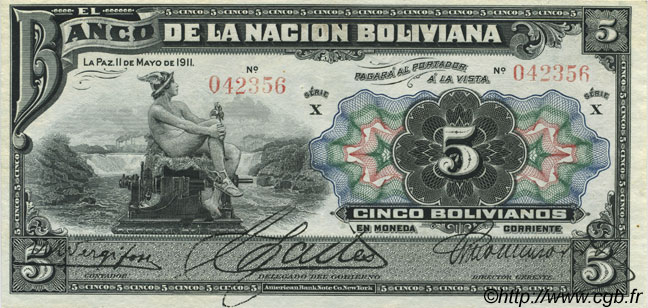 5 Bolivianos BOLIVIA  1911 P.105a SC