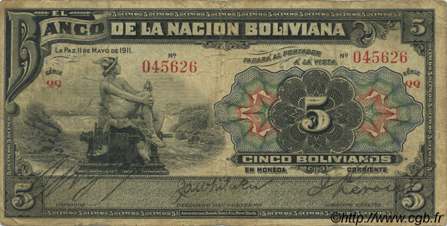 5 Bolivianos BOLIVIEN  1911 P.105b SGE