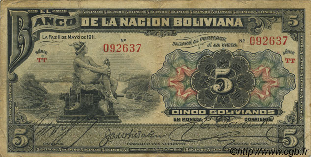 5 Bolivianos BOLIVIA  1911 P.105b RC+