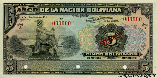 5 Bolivianos Spécimen BOLIVIEN  1911 P.106s fST+