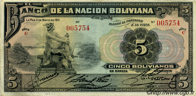 5 Bolivianos BOLIVIA  1911 P.106 MBC+