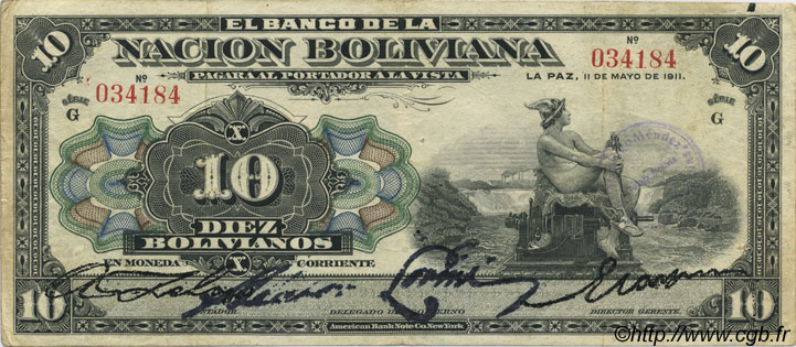 10 Bolivianos BOLIVIA  1911 P.107a q.BB