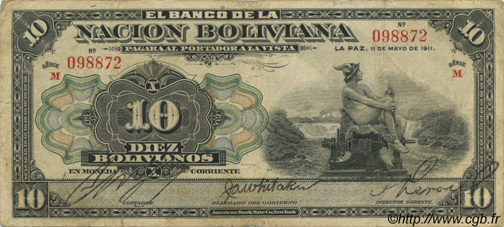 10 Bolivianos BOLIVIA  1911 P.107b q.BB