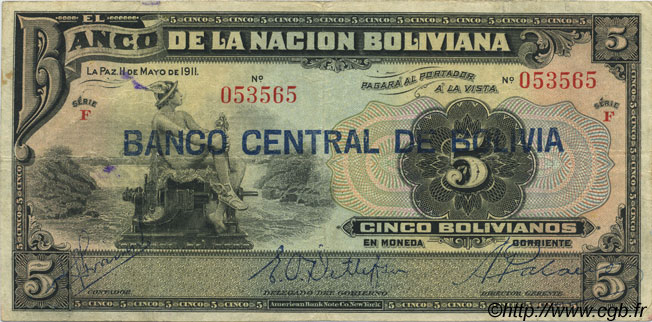 5 Bolivianos BOLIVIA  1929 P.113 BC+