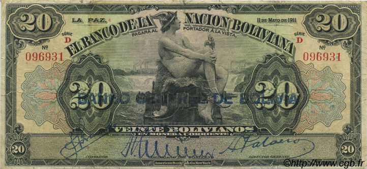 20 Bolivianos BOLIVIA  1929 P.115 q.MB