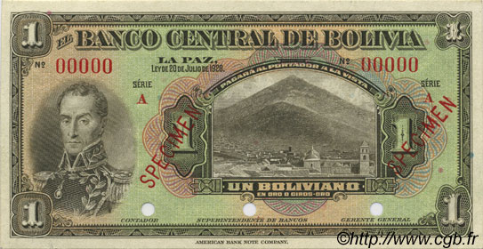 1 Boliviano Spécimen BOLIVIA  1928 P.118s q.FDC