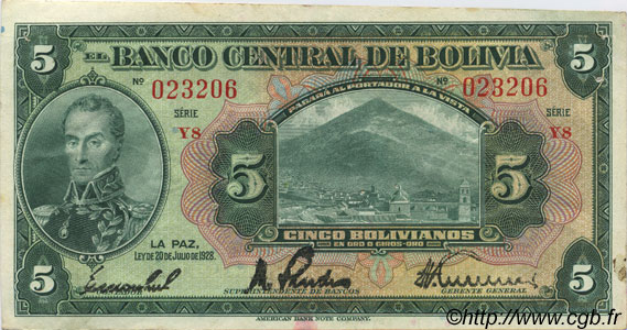 5 Bolivianos BOLIVIA  1928 P.120a q.SPL