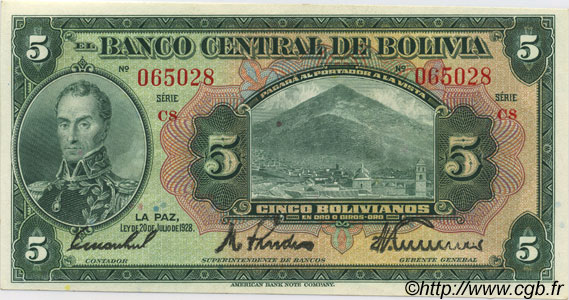 5 Bolivianos BOLIVIA  1928 P.120a UNC