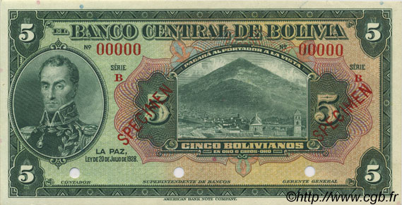 5 Bolivianos Spécimen BOLIVIA  1928 P.120s q.FDC