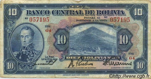 10 Bolivianos BOLIVIEN  1928 P.121a fSS