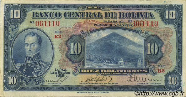 10 Bolivianos BOLIVIEN  1928 P.121a fVZ