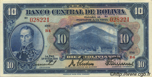 10 Bolivianos BOLIVIA  1928 P.121a XF - AU