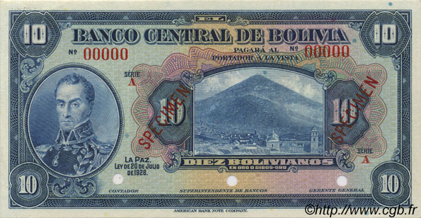 10 Bolivianos Spécimen BOLIVIA  1928 P.121s SC+