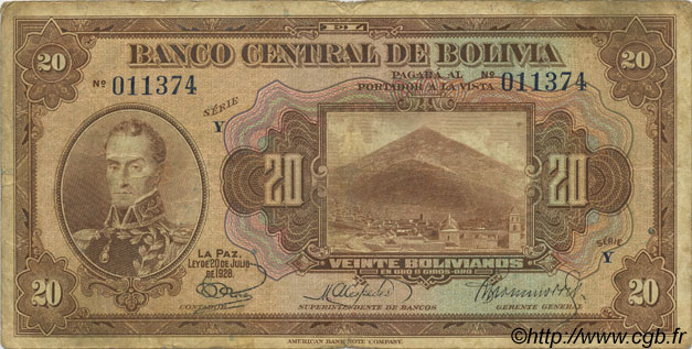 20 Bolivianos BOLIVIA  1928 P.122a B