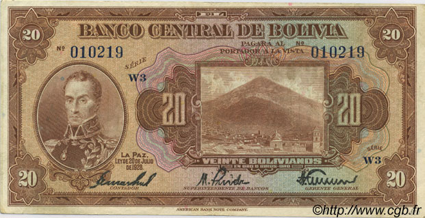 20 Bolivianos BOLIVIEN  1928 P.122a fVZ