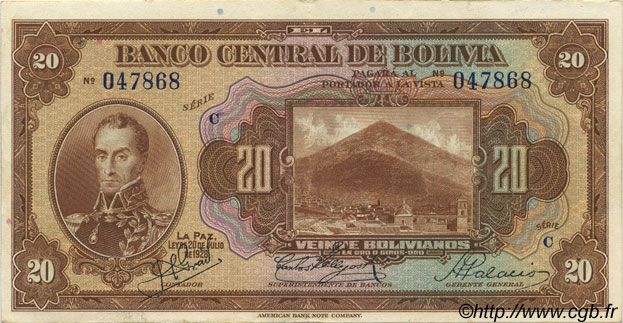 20 Bolivianos BOLIVIA  1928 P.122a XF - AU