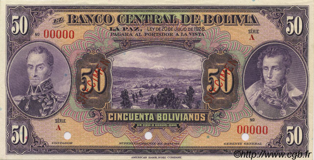 50 Bolivianos Spécimen BOLIVIA  1928 P.123s FDC