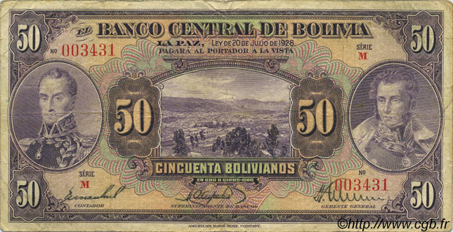 50 Bolivianos BOLIVIA  1928 P.124 q.MB