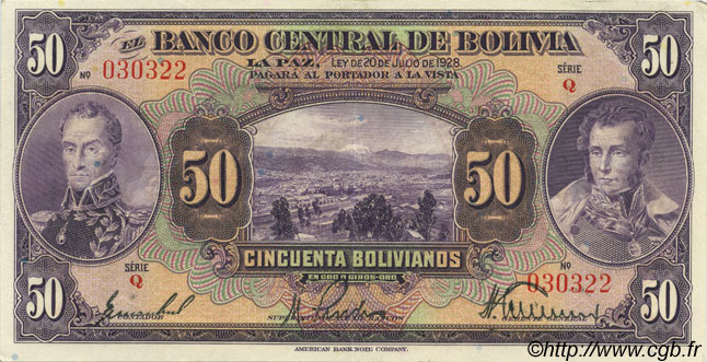 50 Bolivianos BOLIVIA  1928 P.124 SC