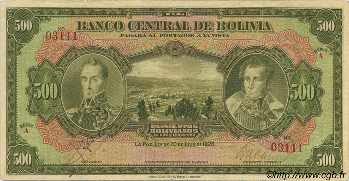 500 Bolivianos BOLIVIA  1928 P.126a F+