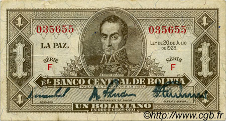 1 Boliviano BOLIVIA  1928 P.128a VF