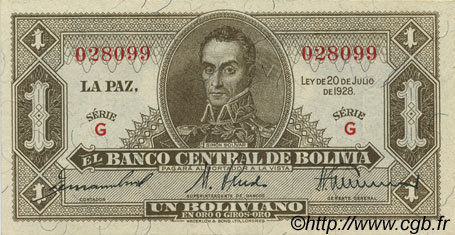 1 Boliviano BOLIVIA  1928 P.128a AU-