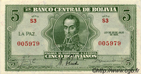 5 Bolivianos BOLIVIA  1928 P.129 q.FDC