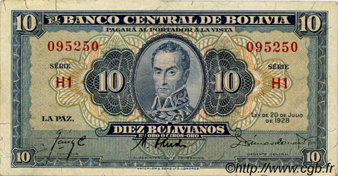 10 Bolivianos BOLIVIA  1928 P.130 MBC+