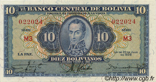 10 Bolivianos BOLIVIA  1928 P.130 q.FDC