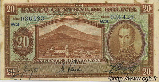 20 Bolivianos BOLIVIA  1928 P.131 q.SPL