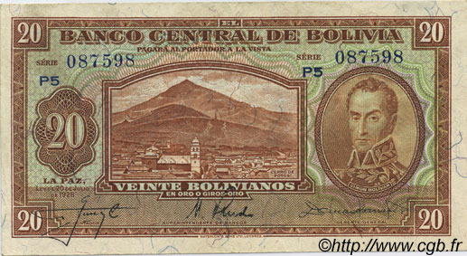 20 Bolivianos BOLIVIA  1928 P.131 AU