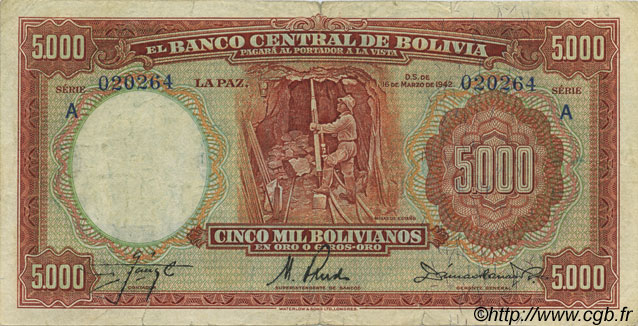 5000 Bolivianos BOLIVIE  1942 P.136 TTB