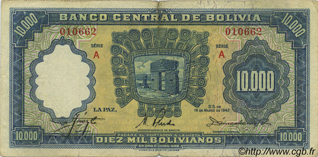 10000 Bolivianos BOLIVIA  1942 P.137 q.BB