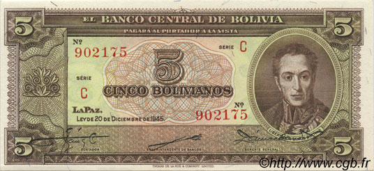 5 Bolivianos BOLIVIA  1945 P.138a UNC-